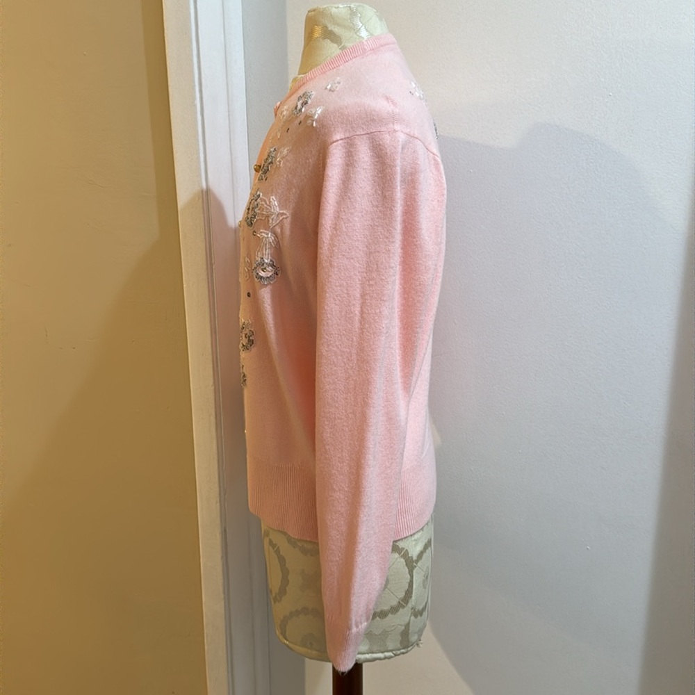 Jane Irwill Vintage Floral Pink Beaded Swarovski Faux Pearl Button Soft Cardigan - Picture 11 of 17